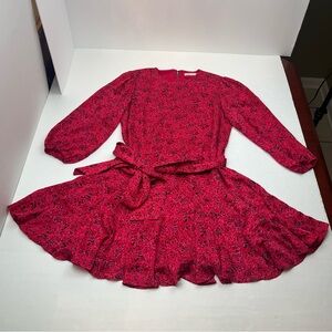 Alice + Olivia Mina Puff-Sleeve Godet Dress w/ Belt Womens 8 Pink Red As Seen On